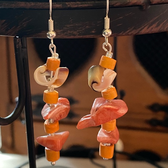Pink & Orange Shell & Wood Silver Earrings - Picture 2 of 2